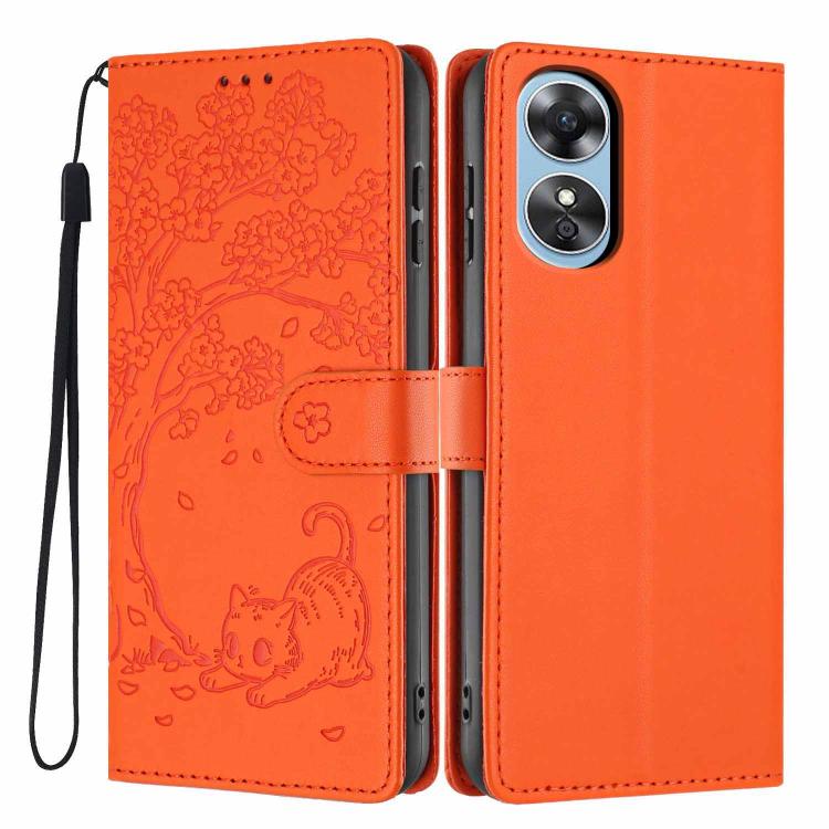 Orange embossed cat flip phone case with strap and card slot, dual camera cutout