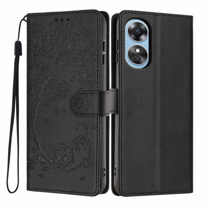 Black embossed cat flip phone case with strap and card slot, dual camera cutout