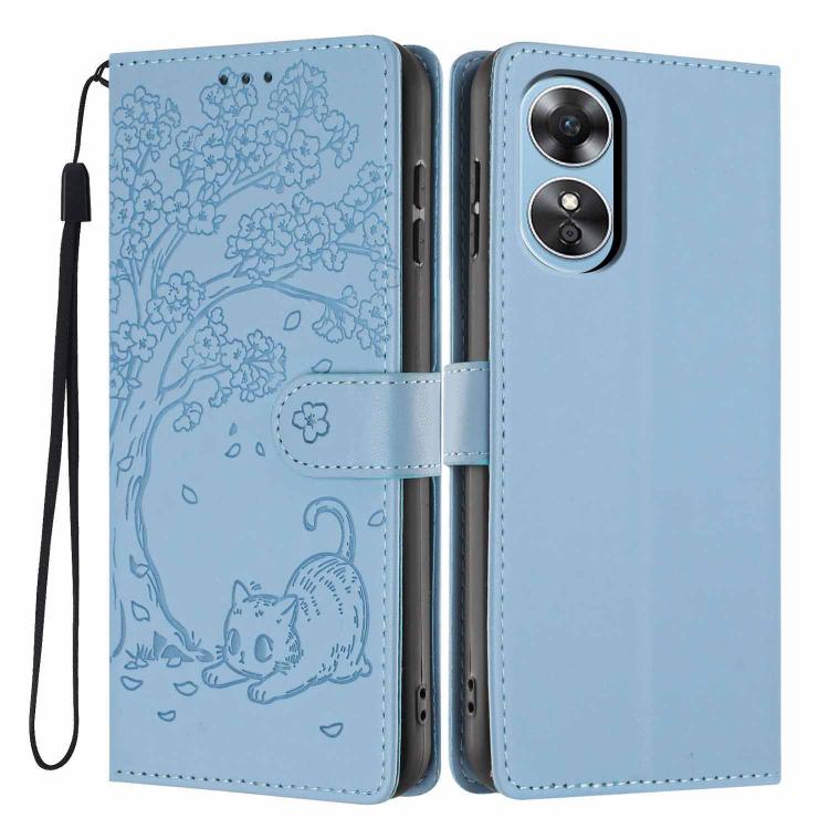 Sky blue embossed cat flip phone case with strap and card slot, dual camera cutout