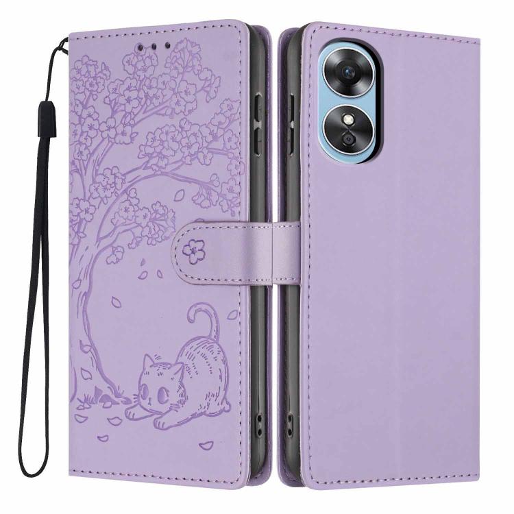 Lavender embossed cat flip phone case with strap and card slot, dual camera cutout