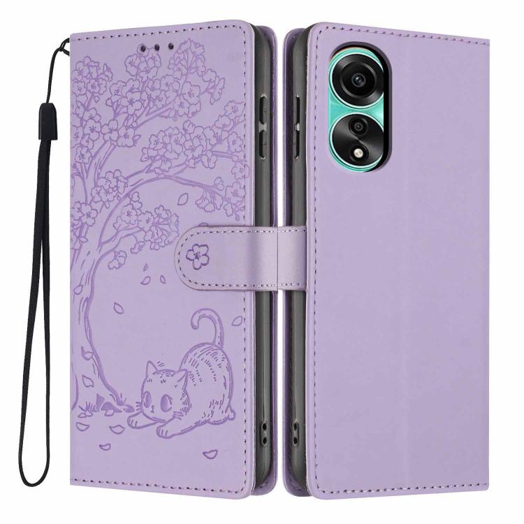 Lavender flip phone case with embossed tree-cat pattern, vegan leather, wrist strap