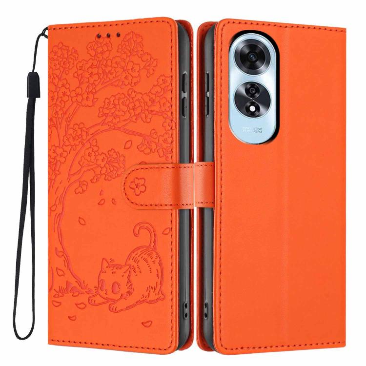 Orange flip phone case with embossed cat artwork, wrist strap, and camera cutout
