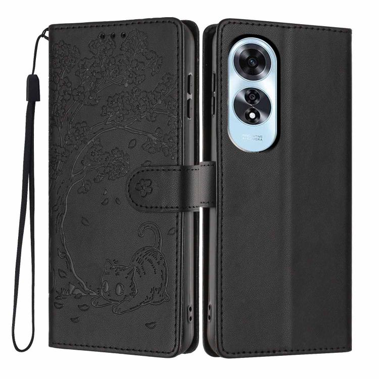 Black flip phone case with embossed cat pattern, wrist strap, and dual camera cutouts