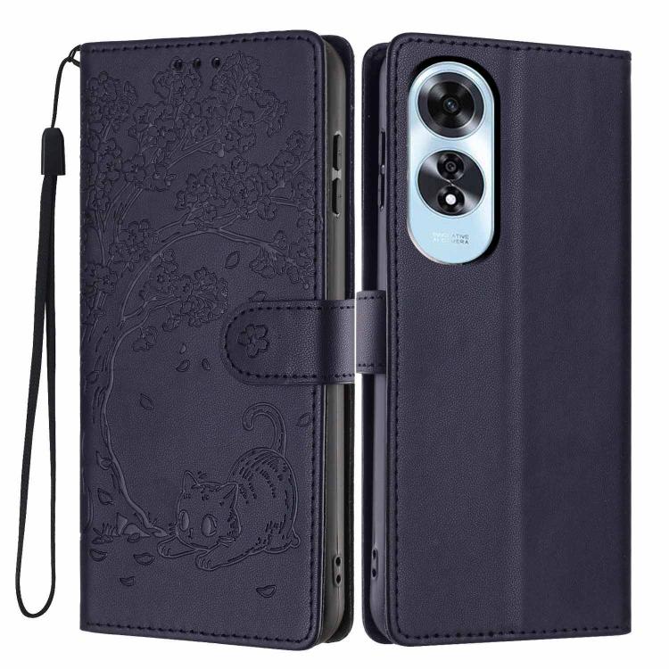 Dark navy flip phone case with embossed cat design, wrist strap, and dual camera opening