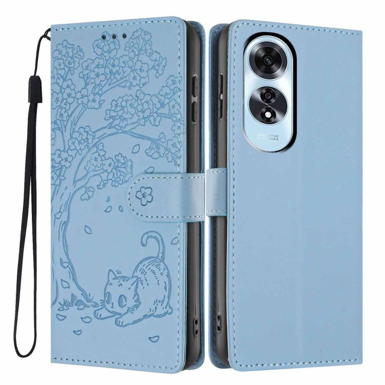 Light blue flip phone case with embossed cat design, wrist strap, and dual camera cutouts