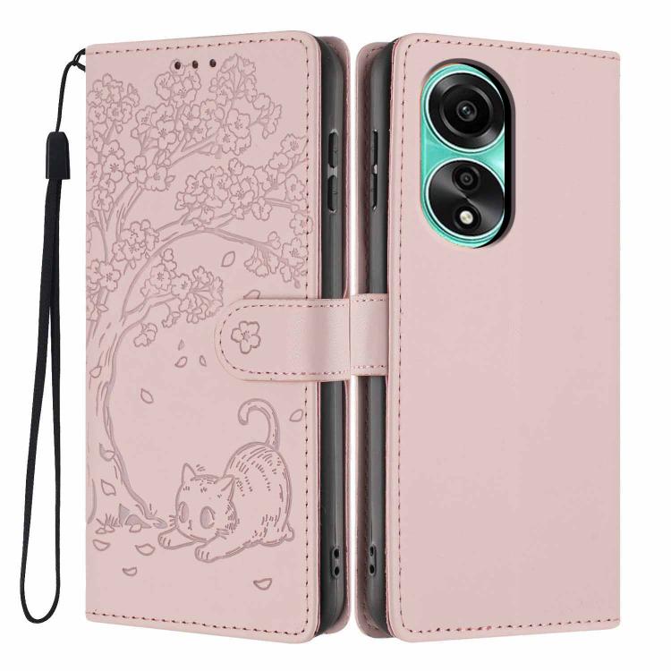 Rose gold flip phone case with embossed tree cat design and wrist strap