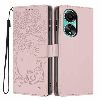Rose gold flip phone case with embossed tree cat design and wrist strap