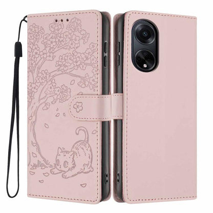 Pale pink flip vegan leather phone case with embossed tree cat, magnetic wrist strap