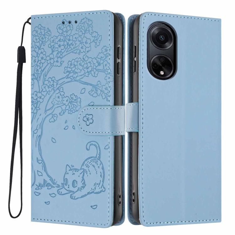 Light blue flip vegan leather phone case with embossed tree cat, magnetic wrist strap
