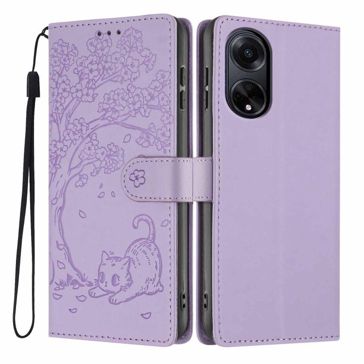 Lavender embossed cat flip phone case with strap and card slot, dual camera cutout