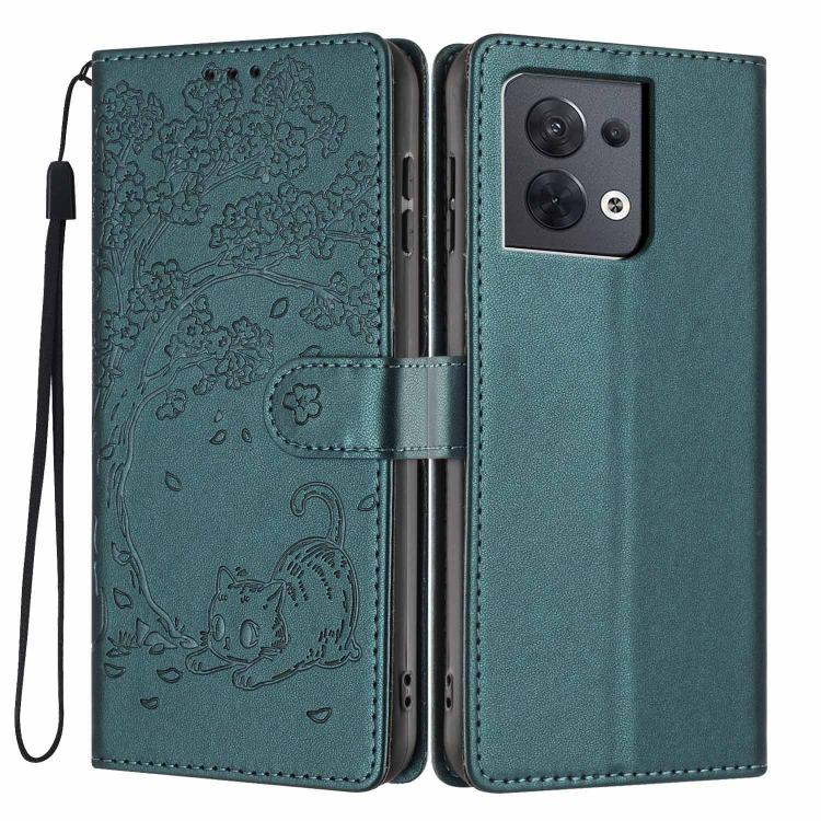 Flip vegan leather phone case with embossed cat, magnetic wallet flap, teal green color