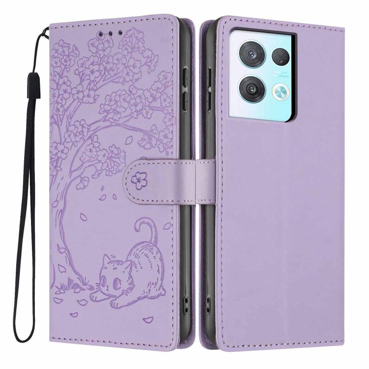 Purple tree-cat embossed flip vegan leather phone case with wrist strap.