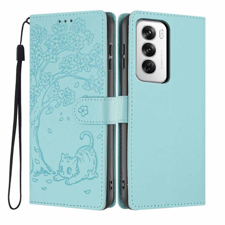 Tree-cat embossed flip vegan leather phone case, light green with cat print and wrist strap