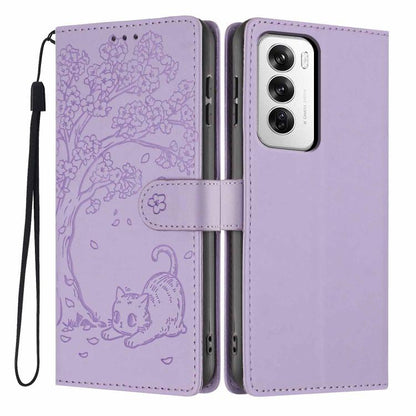 Lavender flip phone case with embossed cat design, wrist strap, and dual camera opening