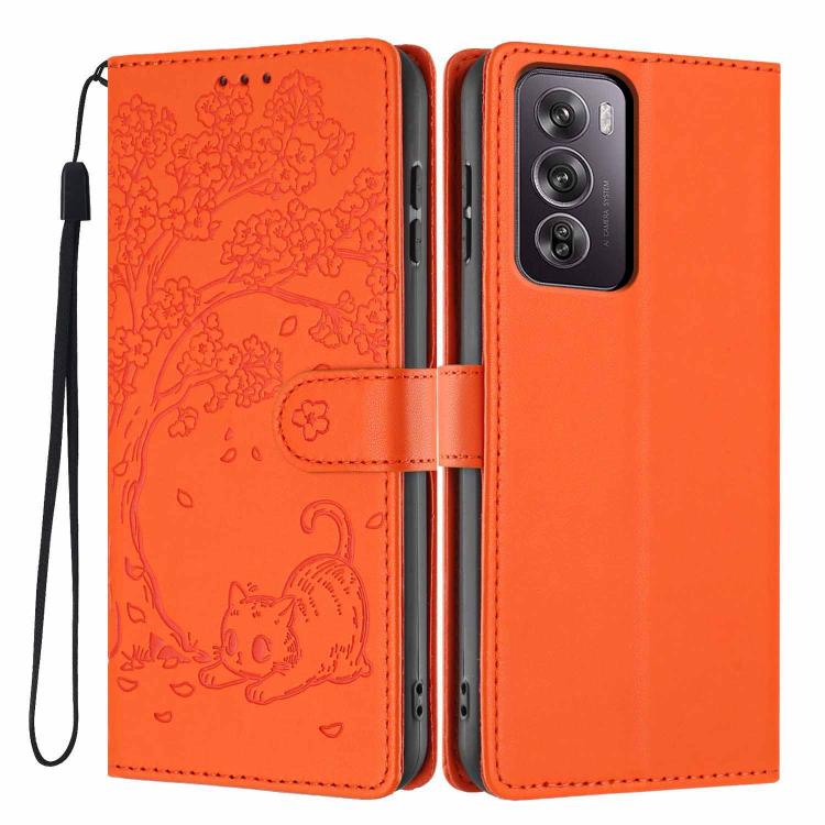 Orange flip phone case with embossed cat design, vegan leather look, wrist strap.