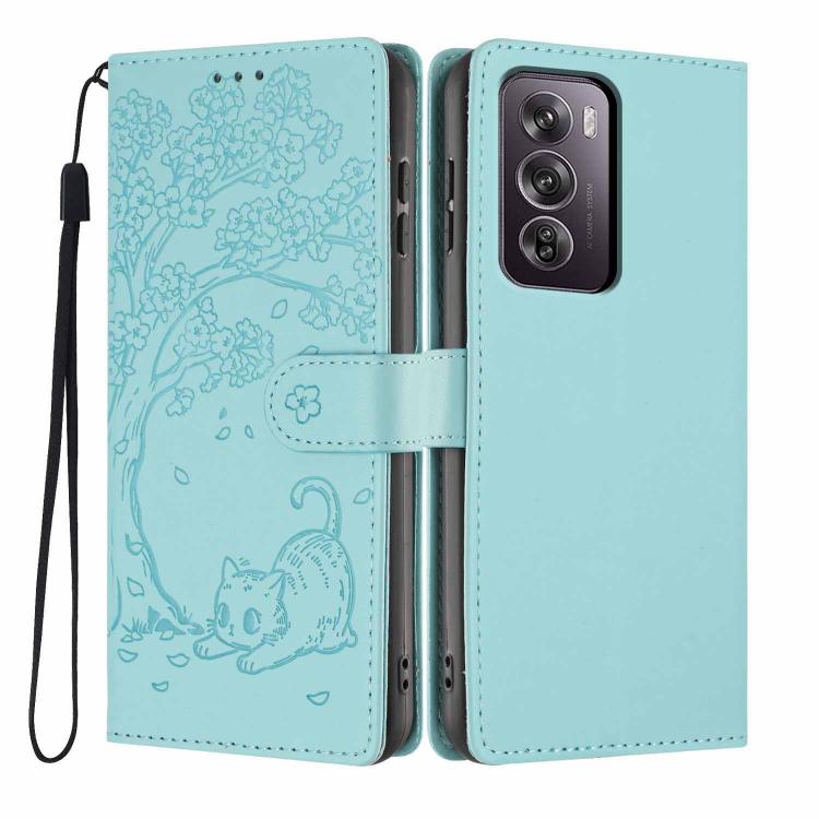 Light blue flip phone case with embossed cat design and wrist strap.