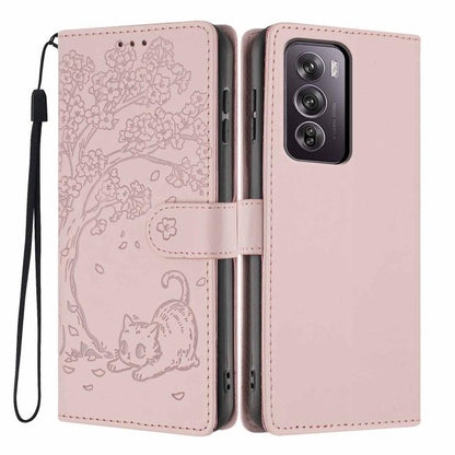 Rose pink flip phone case with embossed cat design and wrist strap.