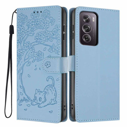 Tree-cat embossed flip vegan leather phone case, sky blue with cat print and wrist strap