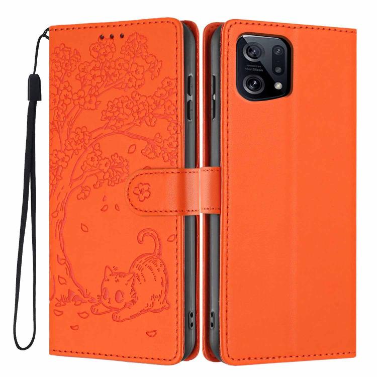 Tree Cat Embossed Flip Vegan Leather Phone Case, For OPPO Find X5 Pro, For OPPO Find X5, For OPPO Find X5 Lite, For OPPO A36 / A76 / A96