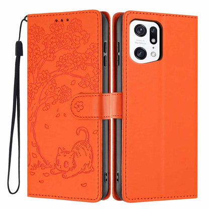 Tree Cat Embossed Flip Vegan Leather Phone Case, For OPPO Find X5 Pro, For OPPO Find X5, For OPPO Find X5 Lite, For OPPO A36 / A76 / A96