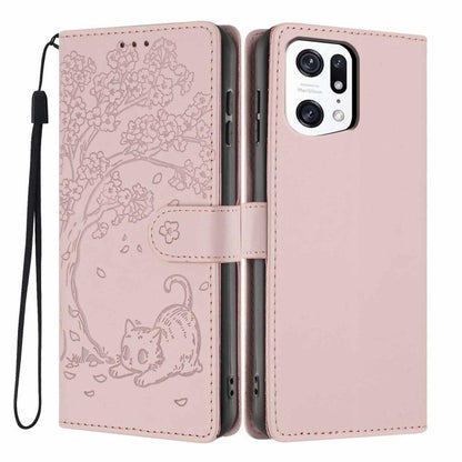 Tree Cat Embossed Flip Vegan Leather Phone Case, For OPPO Find X5 Pro, For OPPO Find X5, For OPPO Find X5 Lite, For OPPO A36 / A76 / A96