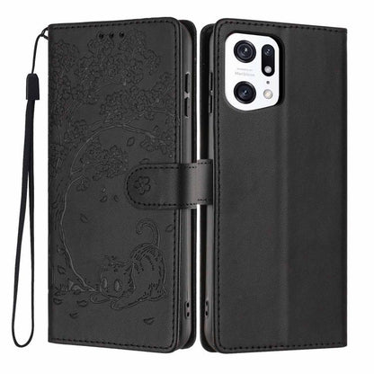 Tree Cat Embossed Flip Vegan Leather Phone Case, For OPPO Find X5 Pro, For OPPO Find X5, For OPPO Find X5 Lite, For OPPO A36 / A76 / A96