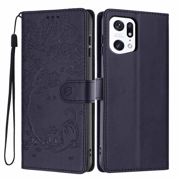 Tree Cat Embossed Flip Vegan Leather Phone Case, For OPPO Find X5 Pro, For OPPO Find X5, For OPPO Find X5 Lite, For OPPO A36 / A76 / A96