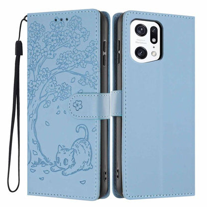 Tree Cat Embossed Flip Vegan Leather Phone Case, For OPPO Find X5 Pro, For OPPO Find X5, For OPPO Find X5 Lite, For OPPO A36 / A76 / A96