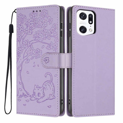 Tree Cat Embossed Flip Vegan Leather Phone Case, For OPPO Find X5 Pro, For OPPO Find X5, For OPPO Find X5 Lite, For OPPO A36 / A76 / A96
