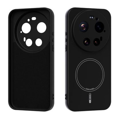 MagSafe liquid silicone phone case, black, with camera cutouts and circular MagSafe ring