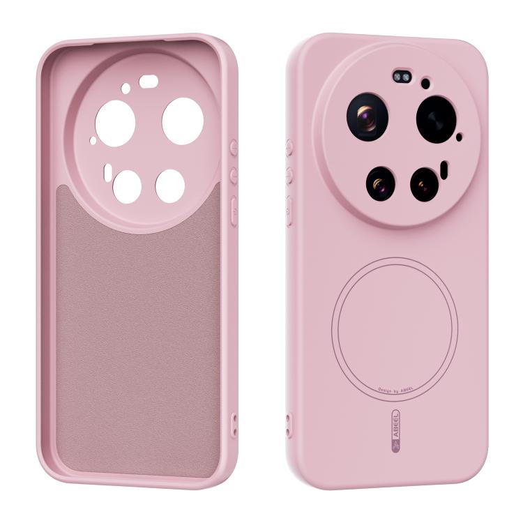 MagSafe liquid silicone phone case, light pink, with camera cutouts and MagSafe ring