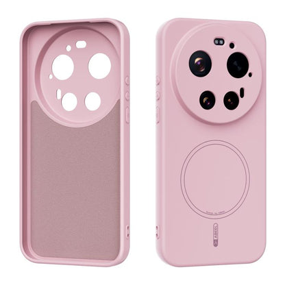 MagSafe liquid silicone phone case, light pink, with camera cutouts and MagSafe ring