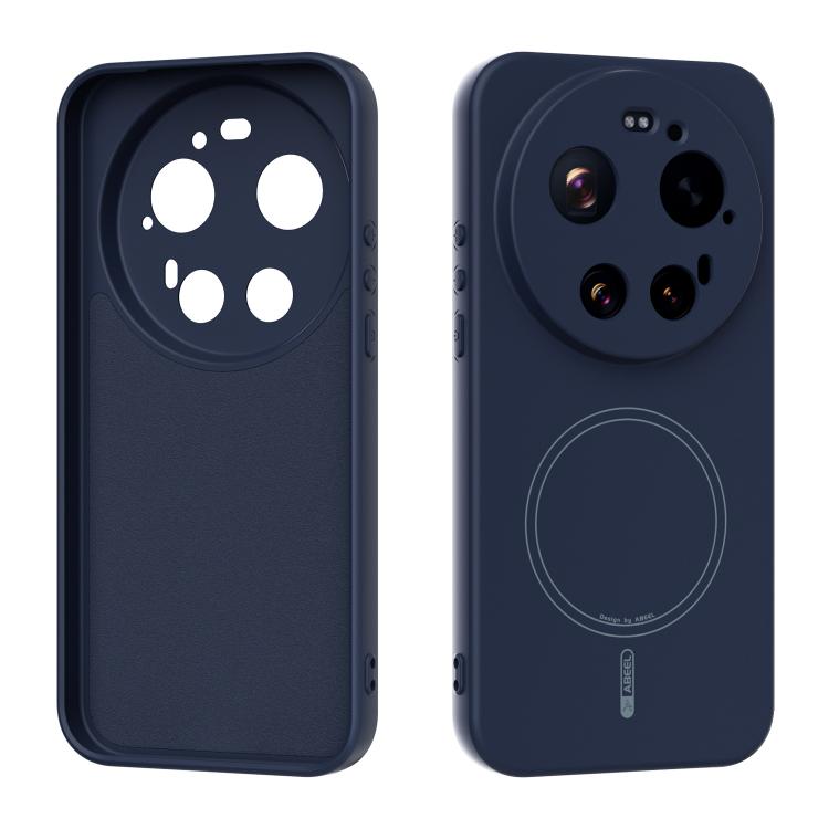 MagSafe liquid silicone phone case, dark blue, with camera cutouts and circular MagSafe ring