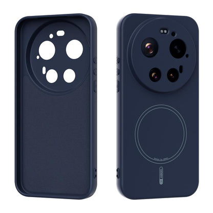 MagSafe liquid silicone phone case, dark blue, with camera cutouts and circular MagSafe ring
