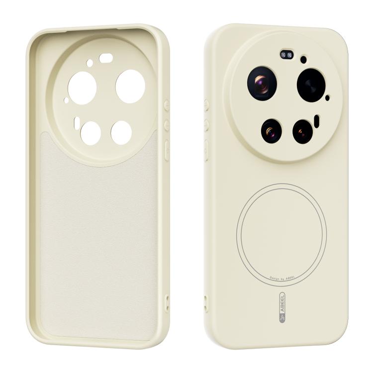 MagSafe liquid silicone phone case, off-white, with camera cutouts and MagSafe ring