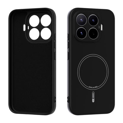 MagSafe liquid silicone phone case, black, with camera cutouts and circular ring detail