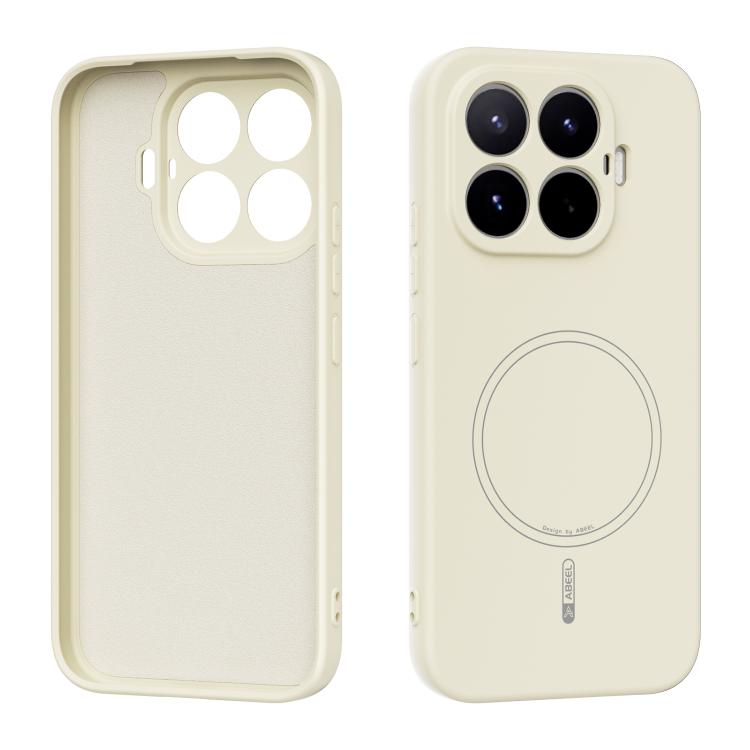 MagSafe liquid silicone phone case, cream, with camera cutouts and MagSafe ring