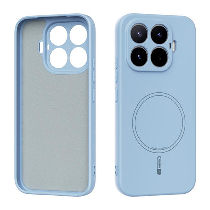 MagSafe liquid silicone phone case, sky blue, with camera cutouts and MagSafe ring
