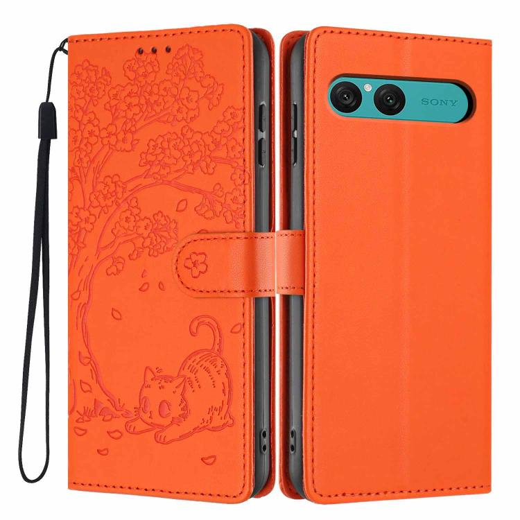 Tree Cat Embossed Flip Vegan Leather Phone Case, For Sony Xperia 10 VII
