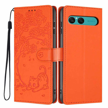 Tree Cat Embossed Flip Vegan Leather Phone Case, For Sony Xperia 10 VII