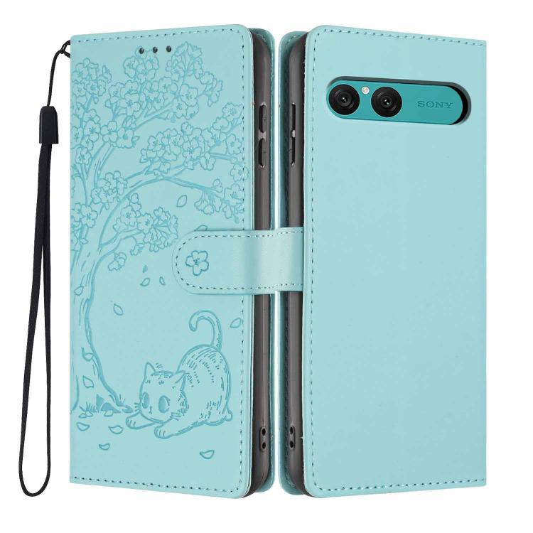 Tree Cat Embossed Flip Vegan Leather Phone Case, For Sony Xperia 10 VII