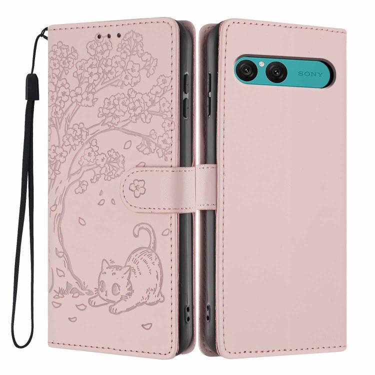 Tree Cat Embossed Flip Vegan Leather Phone Case, For Sony Xperia 10 VII