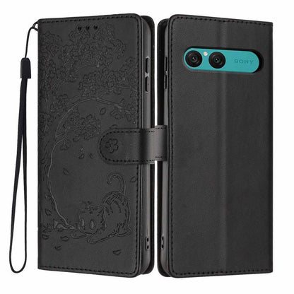 Tree Cat Embossed Flip Vegan Leather Phone Case, For Sony Xperia 10 VII