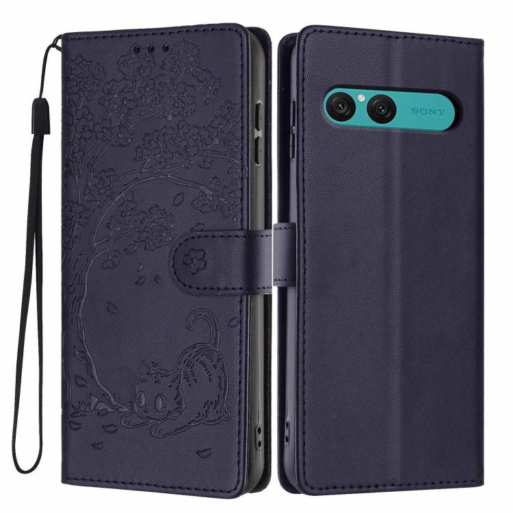 Tree Cat Embossed Flip Vegan Leather Phone Case, For Sony Xperia 10 VII