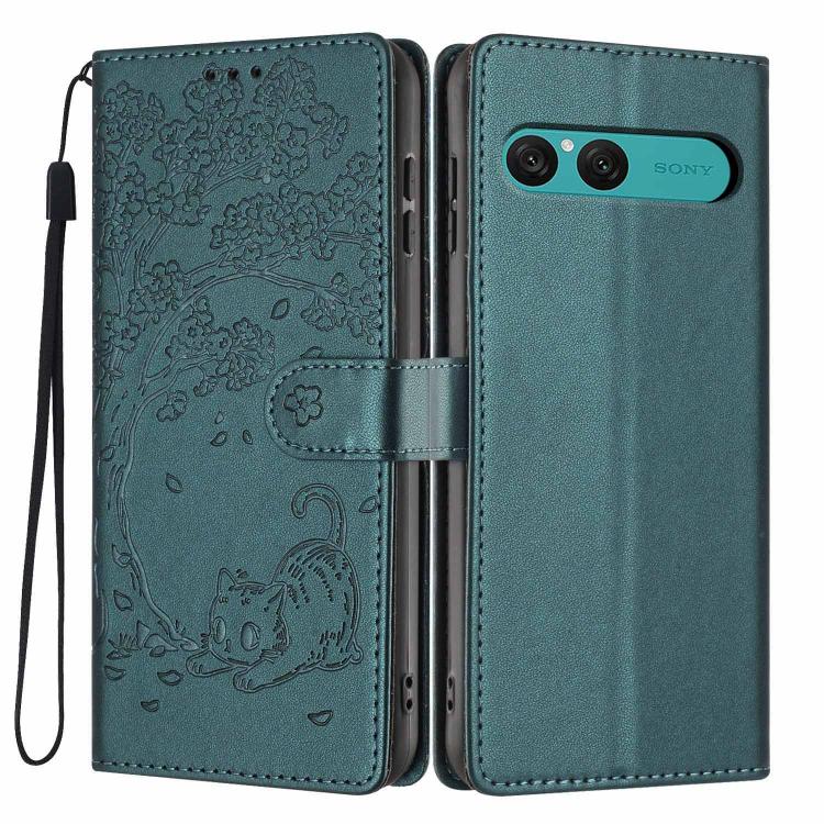 Tree Cat Embossed Flip Vegan Leather Phone Case, For Sony Xperia 10 VII