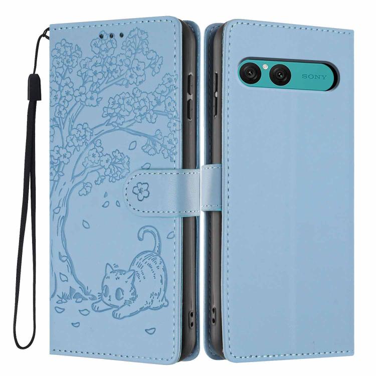Tree Cat Embossed Flip Vegan Leather Phone Case, For Sony Xperia 10 VII