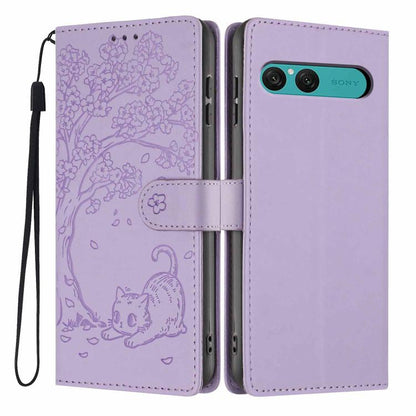 Tree Cat Embossed Flip Vegan Leather Phone Case, For Sony Xperia 10 VII