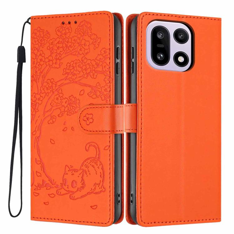 Orange flip vegan leather phone case with embossed tree and cat, wrist strap