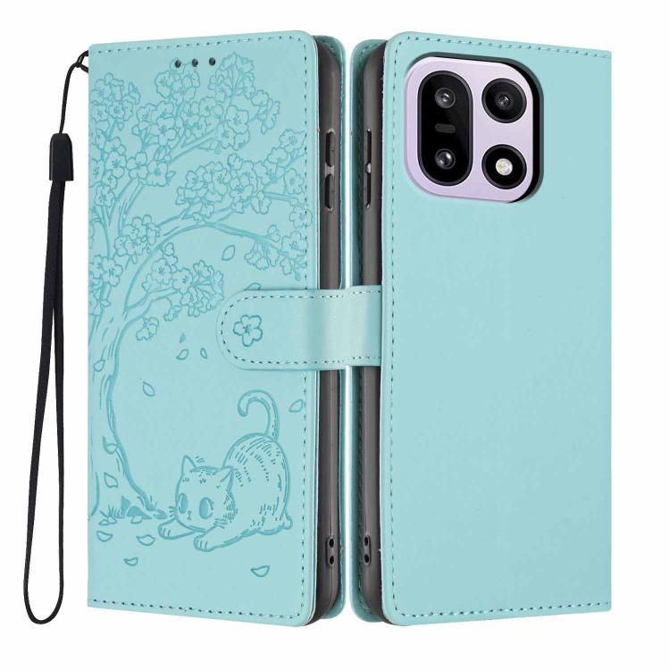 Sky blue flip vegan leather phone case with embossed tree and cat, wrist strap