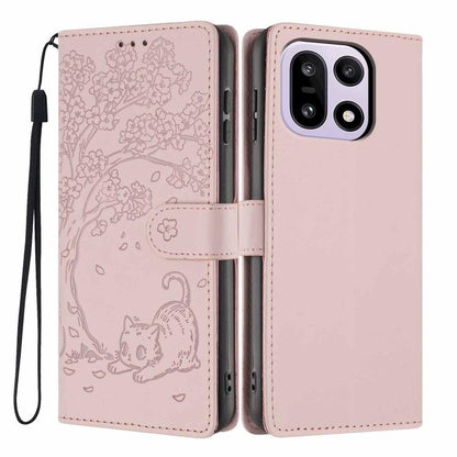 Rose pink flip vegan leather phone case with embossed tree and cat, wrist strap